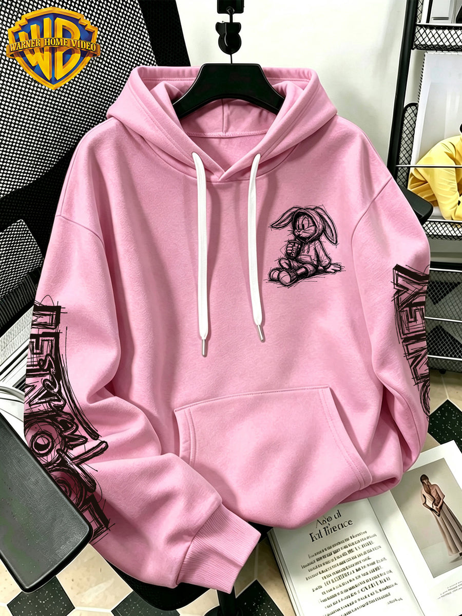 [Warner Bros] Licensed Men'S New Trendy Hoodie Sitting Drinking Milk Tea Rabbit Pattern Print Casual Hoodie, Daily Drawstring Loose Pullover Top, Machine Washable All-Match Sports Casual Men'S Top - Pink Color