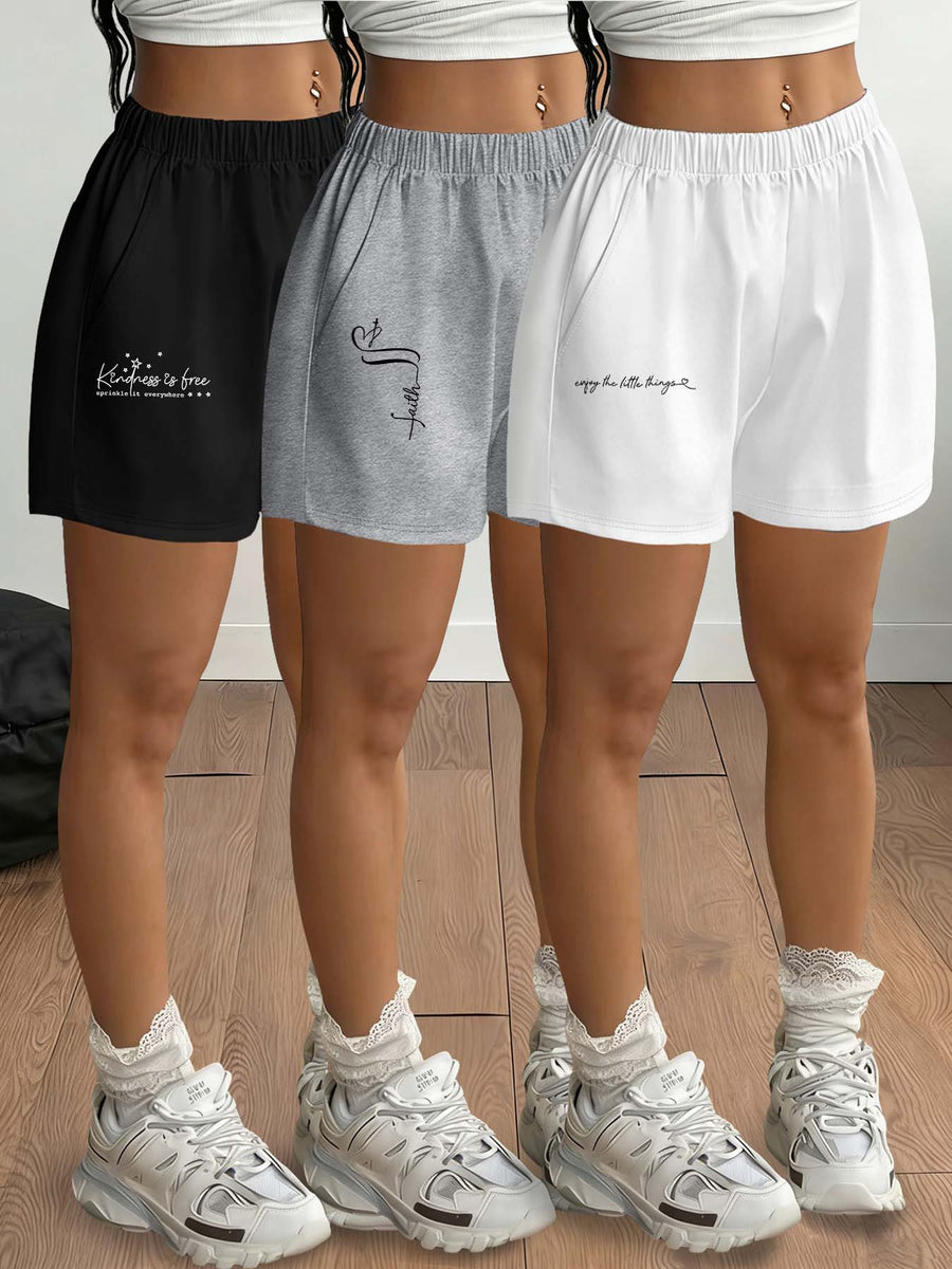 3-Pack Women'S Casual Shorts with Alphabet Print | Elastic Waist, Side Pockets, Fashionable and Easy Design for Daily Wear and Light - Black+light Gray+white