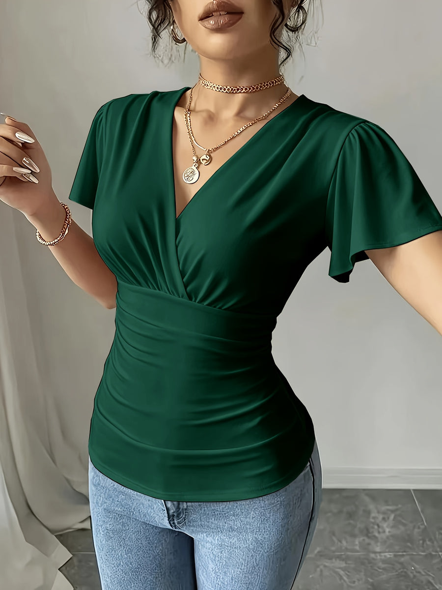 Women'S Spring Summer Casual V-Neck Solid Color Commuter T-Shirt - Green