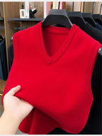 Autumn/Winter Knitted Solid Color V-Neck Sweater, Basic Knit Pullover, Men's Fashion Knit Vest ZYR - Bright Red