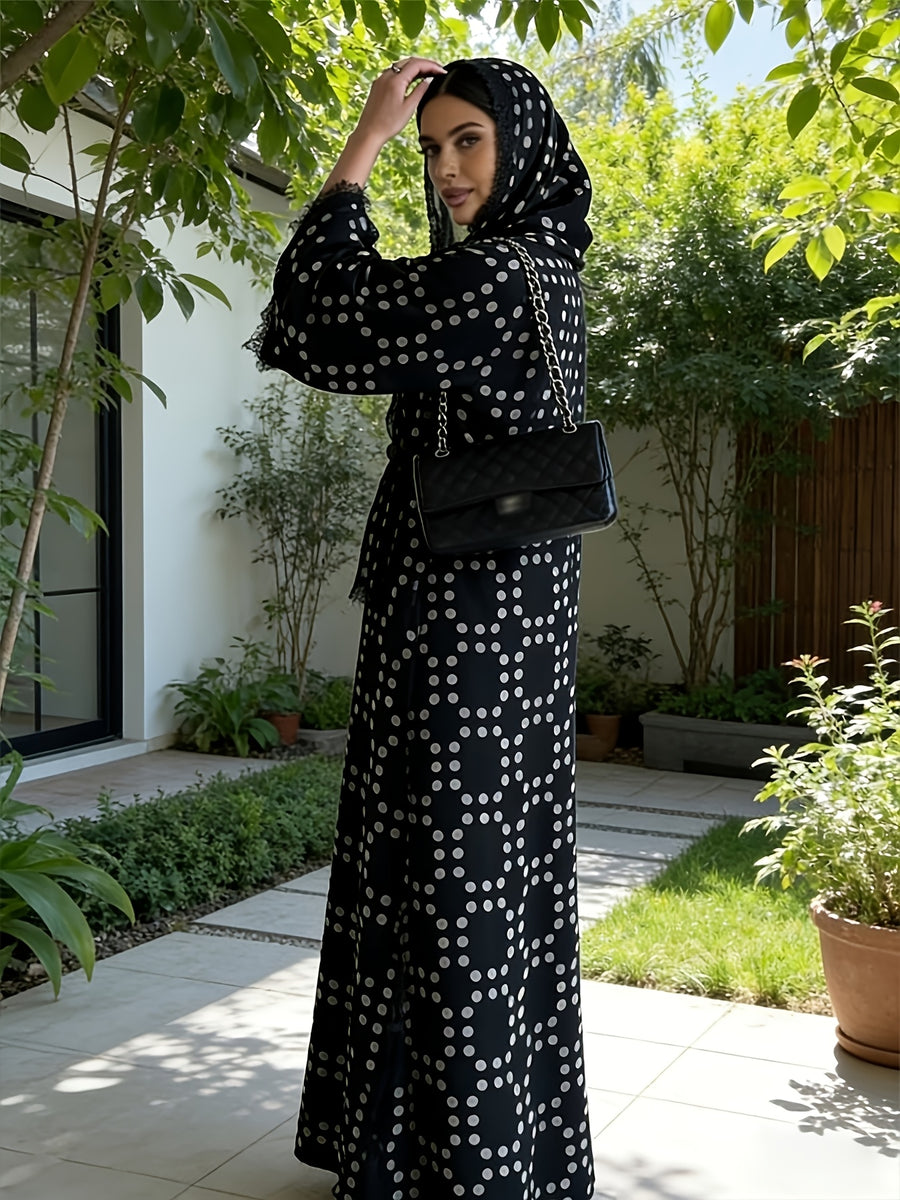 Muslim Polka Dot Print Lace Cardigan 8401 with Headscarf - Black