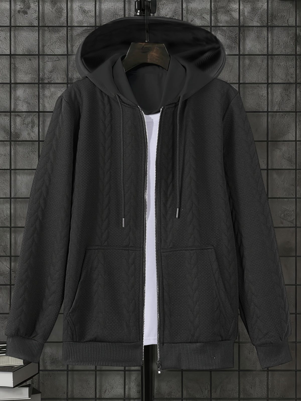 1 Men's Casual Thick Knit Hooded Shirt | High-End Soft Texture Skin-Friendly Fabric | Full Zipper Closure Design | Ribbed Cuffs | Geometric Pattern Jacquard Texture | Loose and Comfortable Fit | Soft, Skin-Friendly, Comfortable, and Warm | for Indoor - Black