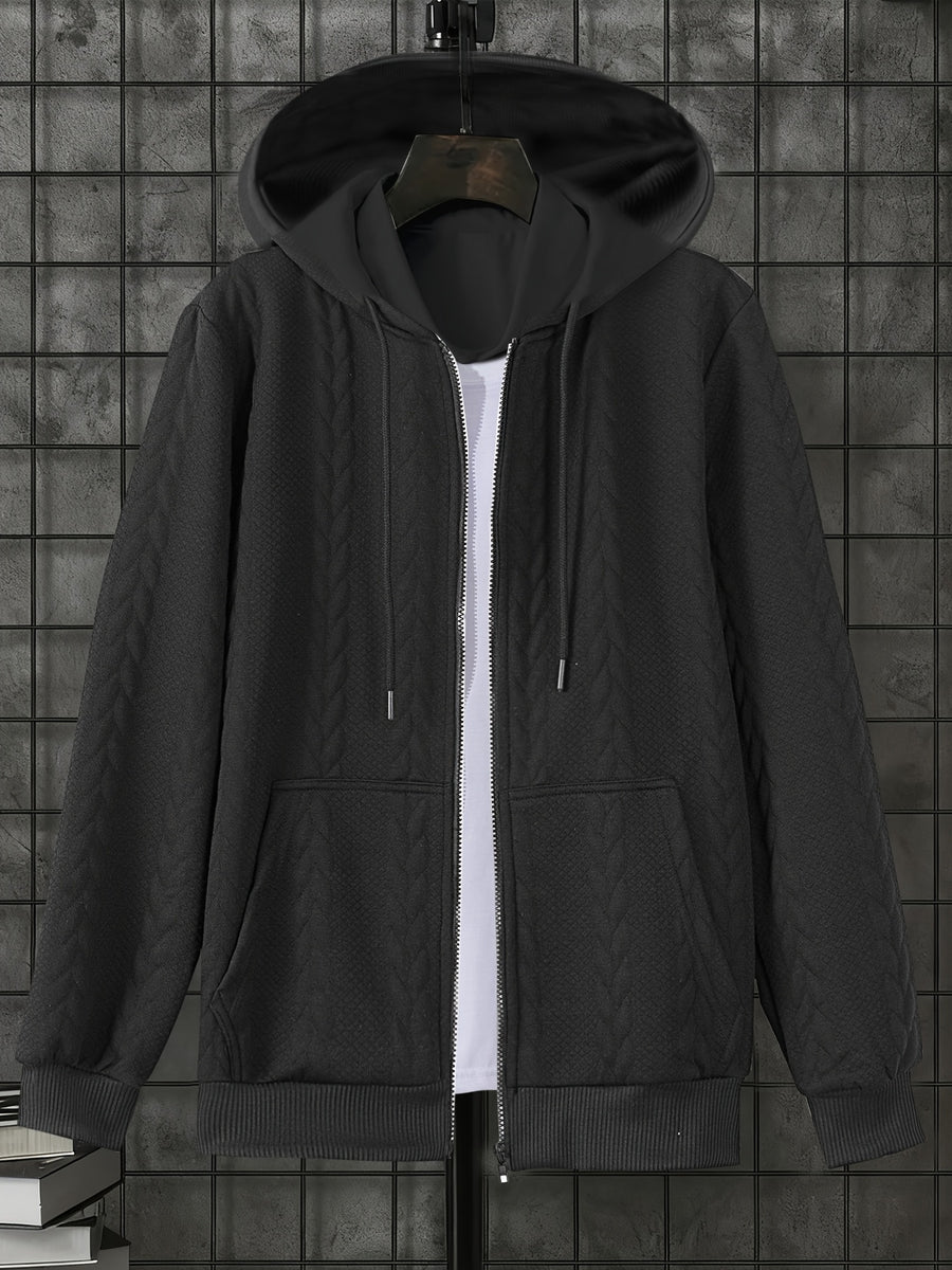 1 Men's Casual Thick Knit Hooded Shirt | High-End Soft Texture Skin-Friendly Fabric | Full Zipper Closure Design | Ribbed Cuffs | Geometric Pattern Jacquard Texture | Loose and Comfortable Fit | Soft, Skin-Friendly, Comfortable, and Warm | for Indoor - Black