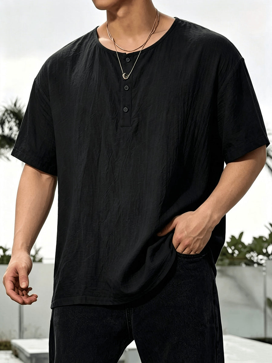 2pcs Men'S Linen Henley Shirt Set, Short Sleeve And Long Sleeve 2pcs Combination, Loose Breathable Vacation Style Casual Top - Black