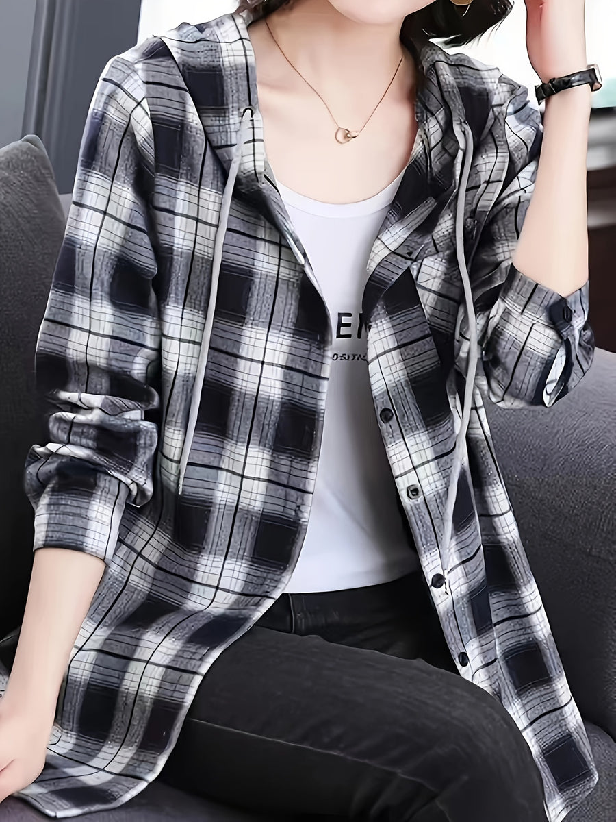 Wealth-Attracting Directional Plaid Women'S Hooded Shirt - Black And White Grid
