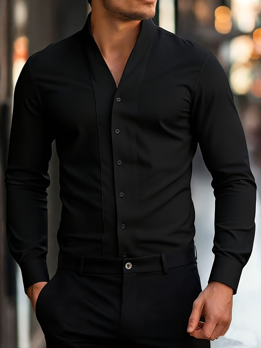 Men'S Solid Color V-Neck Shirt Casual Business Formal Shirt Slim Fit Long-Sleeved Social Party Shirt, Soft And Skin-Friendly Fabric, Suitable for Wearing in All 4 Seasons, Autumn, Stretchy, Office, Button - Black