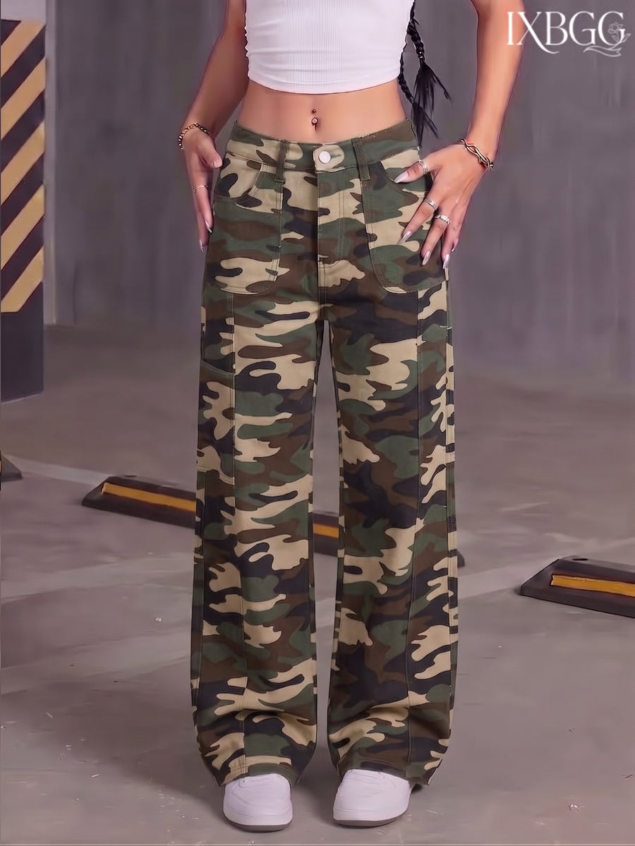 Camouflage Washed Denim Long Pants with Square Pockets, Women's Workwear Multi-Pocket Elastic Waist Camouflage Jeans, Ladies' Stretch Vintage Versatile Casual Fashionable Elegant Mid-Waist Machine Washable Durable Multi-Functional Camouflage Print - fern green