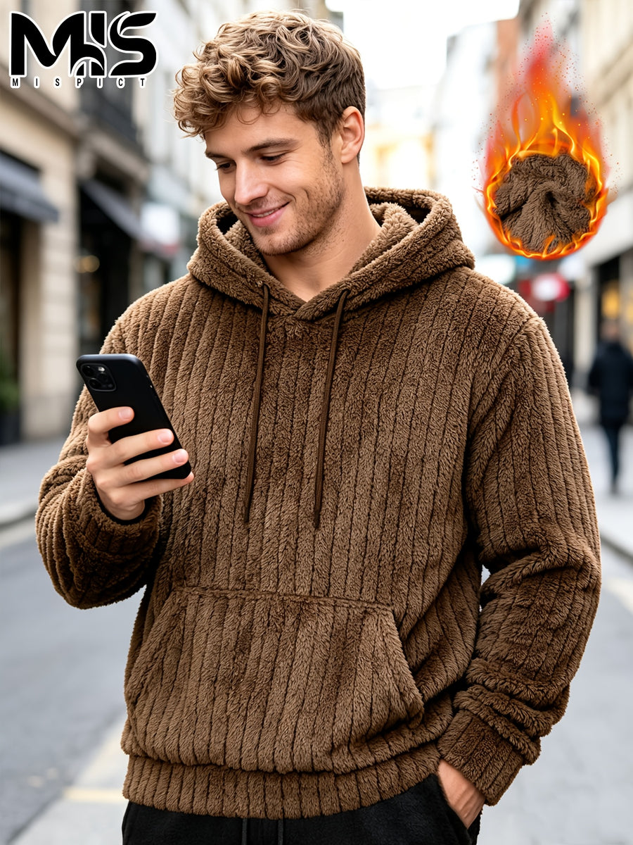 Men'S Classic Kangaroo Pocket Hooded Sweatshirt, Fashionable Street Style Wear, Soft And Comfortable Texture, Autumn/Winter Fleece Warm Solid Color Long Sleeve Pullover, Suitable for Casual Daily And Outdoor Activities - Coffee Color