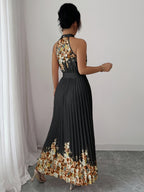 Fashionable New Women'S Summer Halter Floral Print Pleated Dress - Black Bottom Coffee Flower