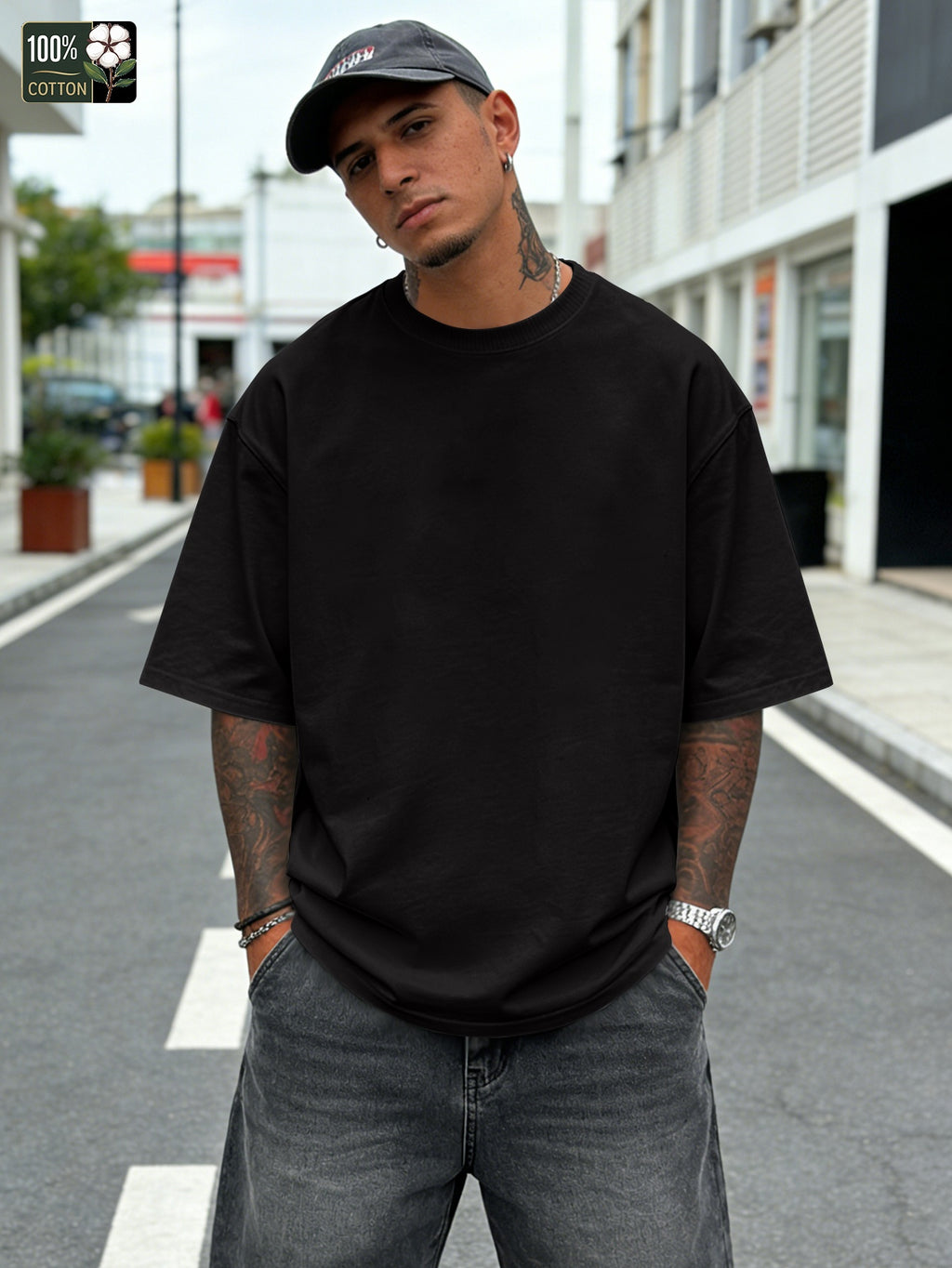 Bla Bla Print Men'S Pure Oversized T-Shirt, Casual Comfortable Versatile Short Sleeve Tee - Black
