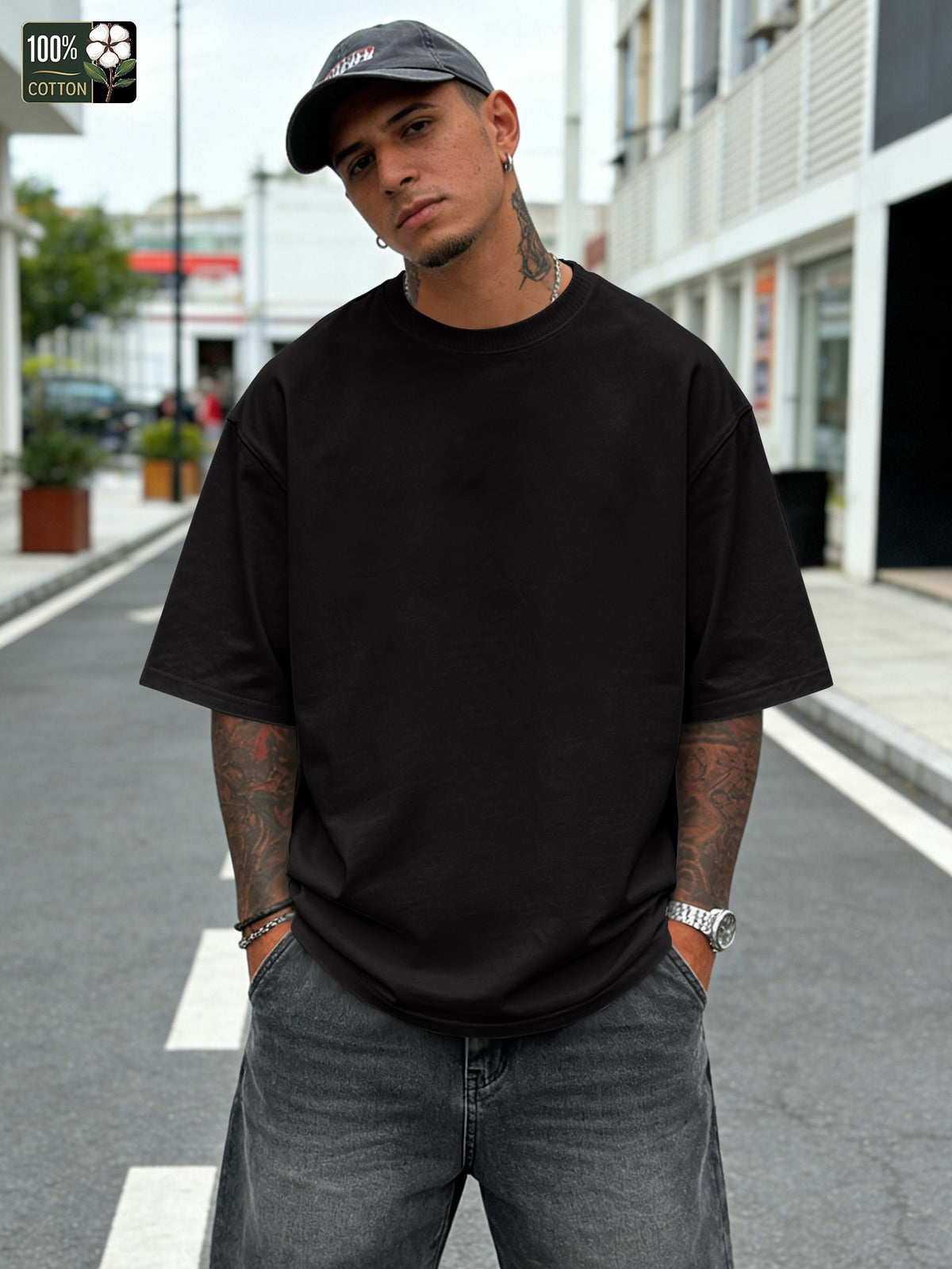 Bla Bla Print Men'S Pure Oversized T-Shirt, Casual Comfortable Versatile Short Sleeve Tee - Black