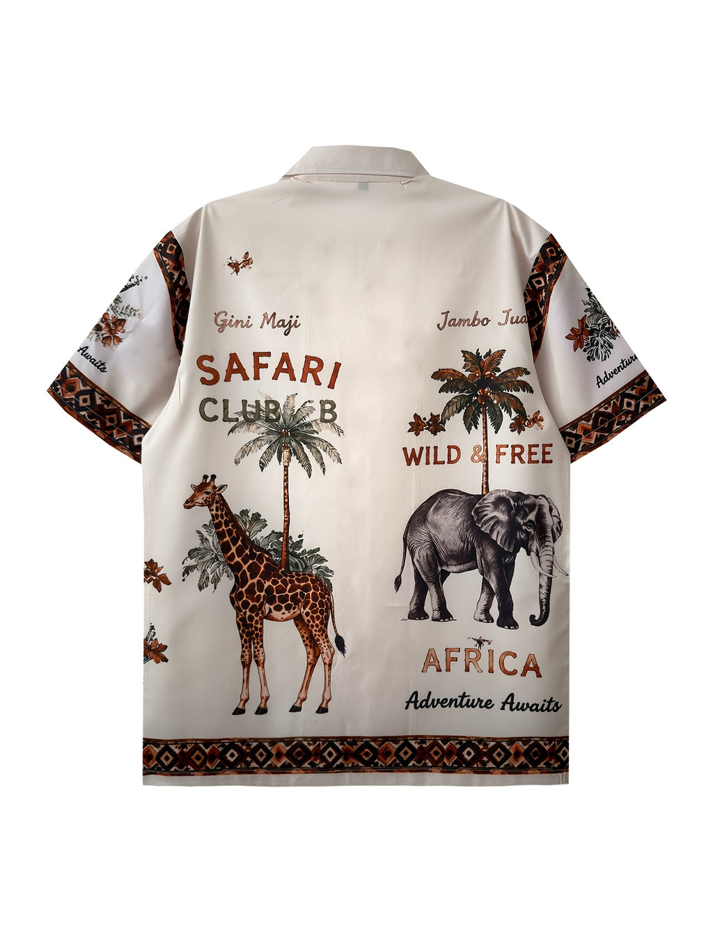 Men'S Print Shirt, Giraffe And Elephant Pattern, African Savannah Style, Easy Retro, Trendy, Casual Daily Wear, Beach Vacation - Apricot