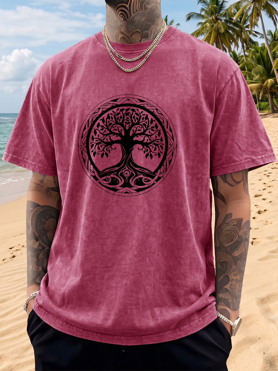 Short Sleeve T-Shirt Men'S Loose Washed Distressed Tree of Life Round Totem Trendy Double-Sided Print 12 Colors Random Match American Street High Street Hip-Hop Top Casual Outing Commuting Sports Fitness Couple Style Statement Y2K National Trend Sho - Rose Red