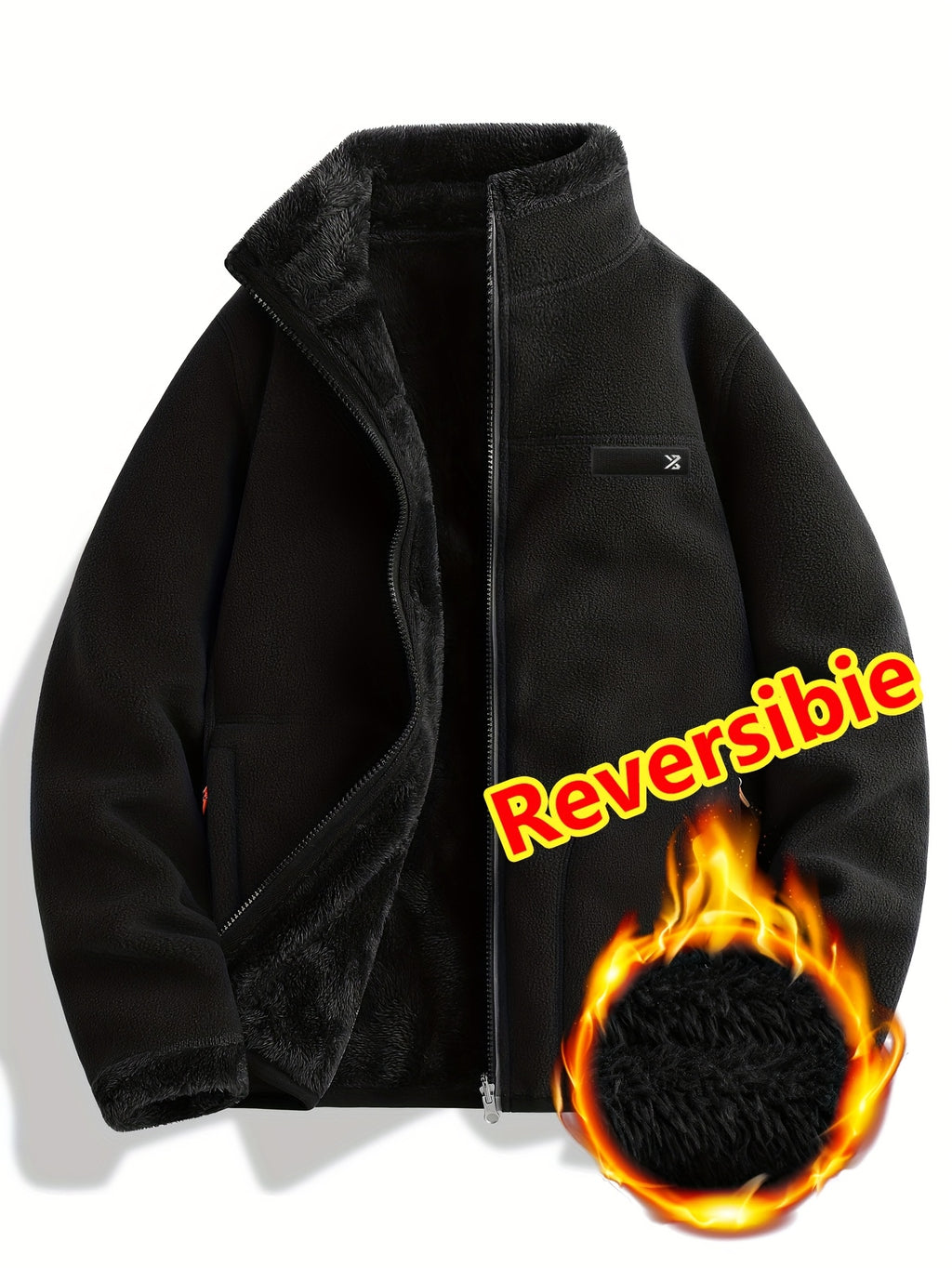 Women's Spring Casual Jacket, Thickened Shaggy Warm Printed Reversible Coral Sweatshirt, Double-Sided Outerwear - Black