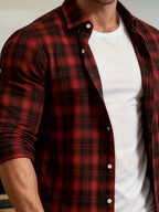 Men's Autumn/Winter Long-Sleeve Plaid Casual Shirt M0149; Christmas Apparel/New Year Apparel/Men's Apparel/Casual Shirt - Burgundy