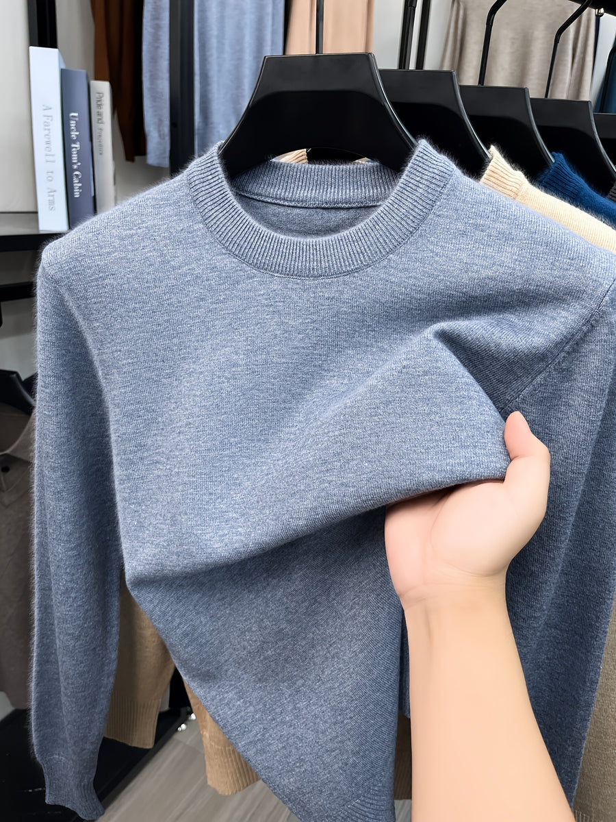 [Wading Whale OBM] 1pc Spring/Autumn New Men'S Knit Pullover Sweater, Old Money Style Solid Color Striped Round Neck Long Sleeve Knit Pullover for Men, Business Casual Fashion Striped Sweater, Suitable for Spring, Autumn - Fog Gray