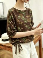 Vintage Forest-Style Floral and Botanical Print Blouse with Crew Neck, Lantern Sleeves, Side Drawstrings, Loose Fit, Effect, Five-Quarter Sleeves for Casual Outings - Coffee Color