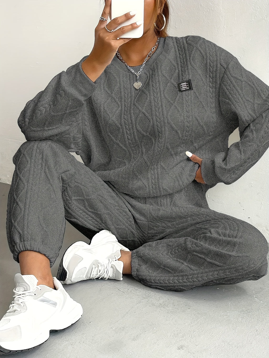 Fashionable And Easy Dark Gray Textured Fabric Jogger Pants And Long-Sleeved Pullover 2pcs Set, Light North - Dark Gray