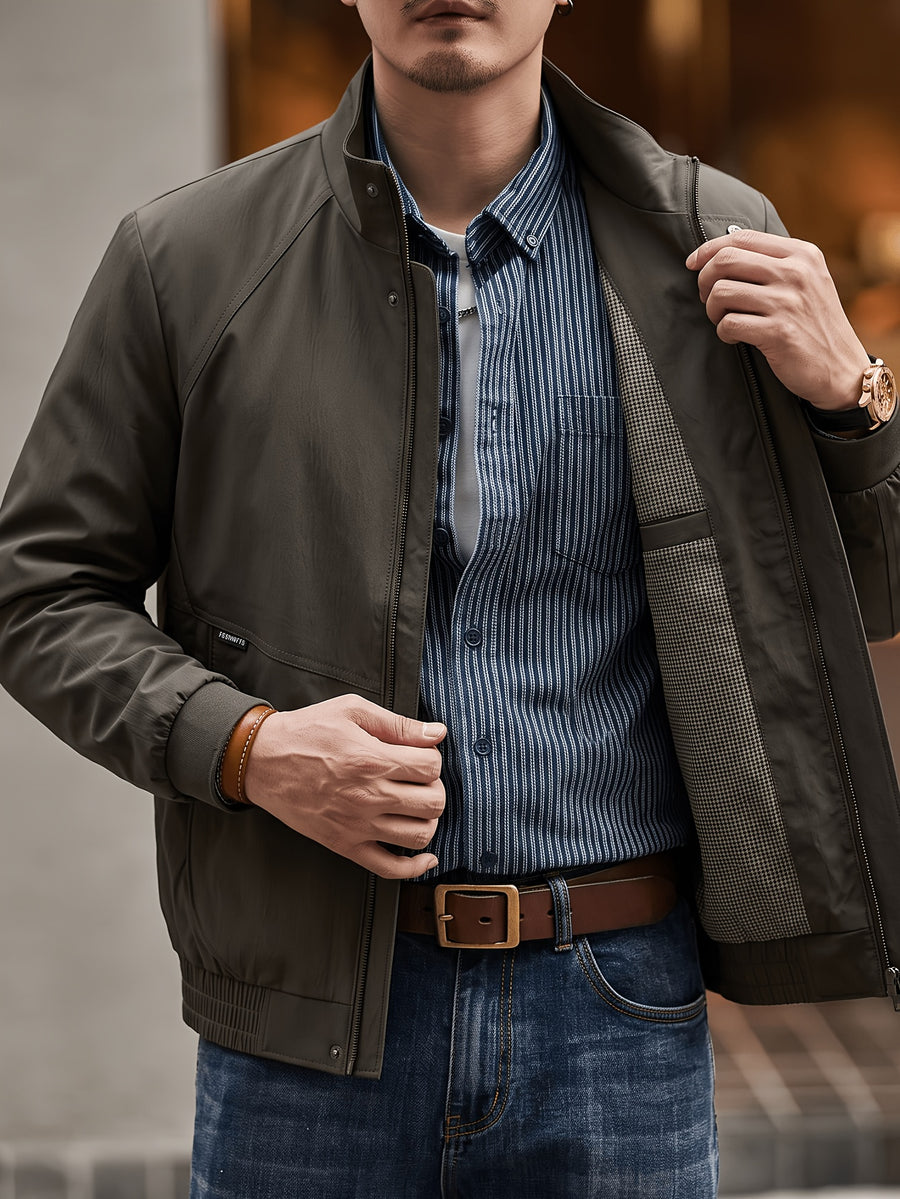 Men'S Stand-Up Collar Zip-Up Lightweight Business Jacket, Textured Wrinkled Fabric with Fine Check Breathable Full Lining, Zipper And Button Double-Breasted Casual Commuter Trench Coat, Curved Side Zip Pockets Slight Body-Shaping Top - Dark green gray
