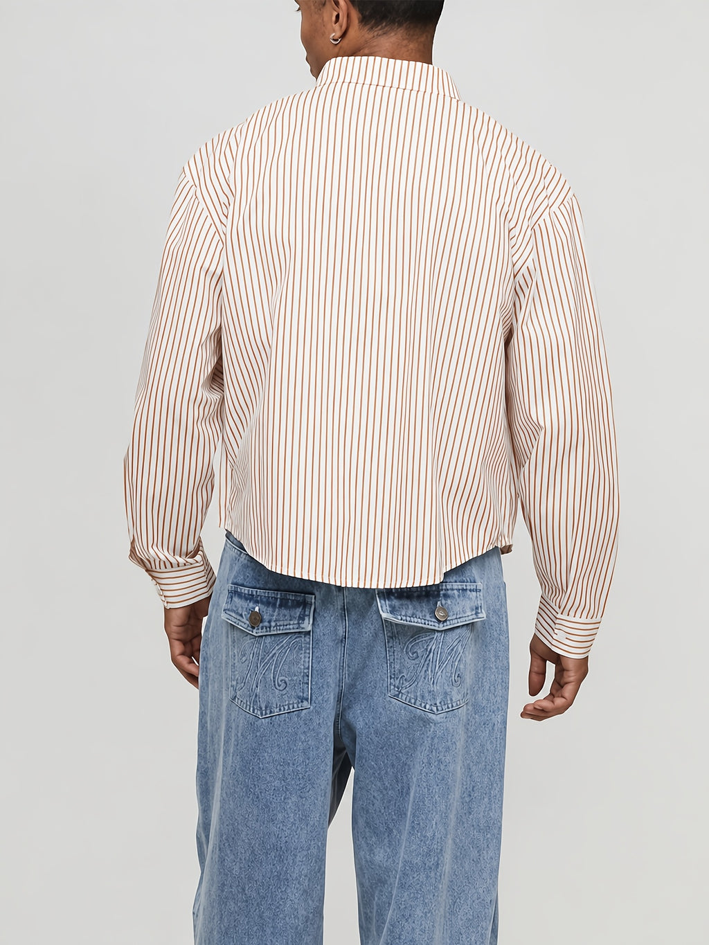 Men's Short Striped Casual Long-Sleeve Button- Shirt with Lapel, Suitable for Spring/Autumn Outings, Vacations, and Daily Wear, Men's Fashion Apparel - Camel