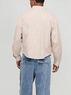 Men's Short Striped Casual Long-Sleeve Button- Shirt with Lapel, Suitable for Spring/Autumn Outings, Vacations, and Daily Wear, Men's Fashion Apparel - Camel