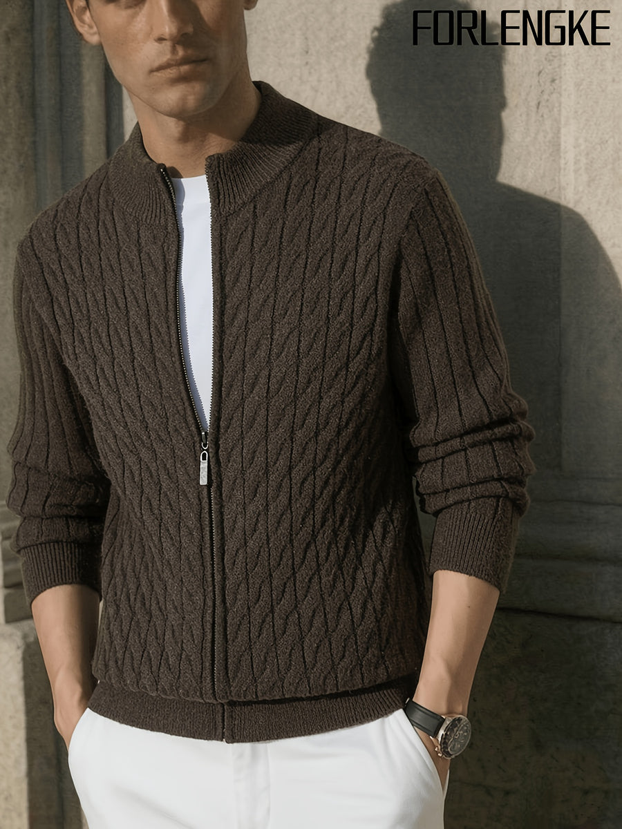 FORLENGKE New Stylish Men's Business Casual Stand Collar Cable Knit Zip Up Cardigan, Soft Warm Long Sleeve Knit Jacket for Fall Winter Office Daily Wear - Coffee Color