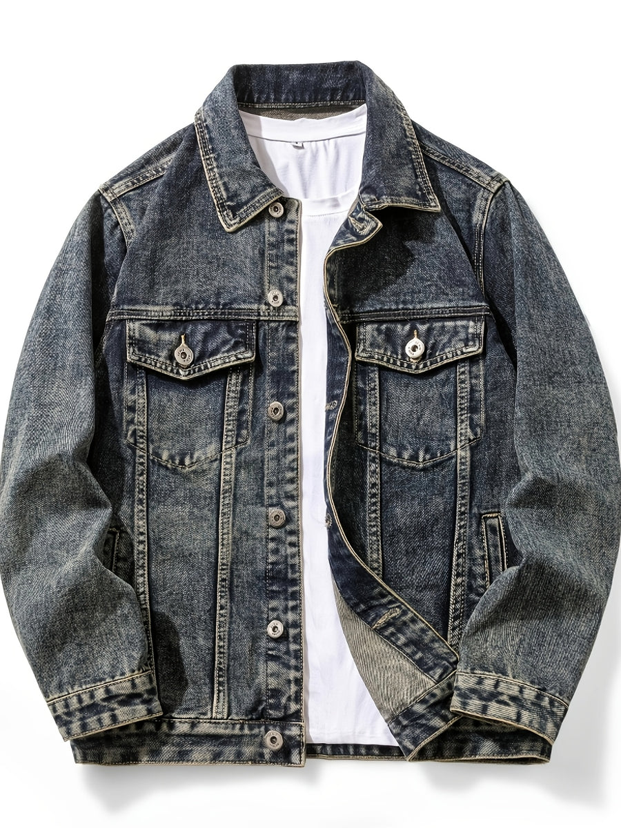 Men'S Vintage Denim Jacket, Classic Lapel, Retro Washed Denim Coat, Multi-Color Casual Workwear Jacket - Sea Blue
