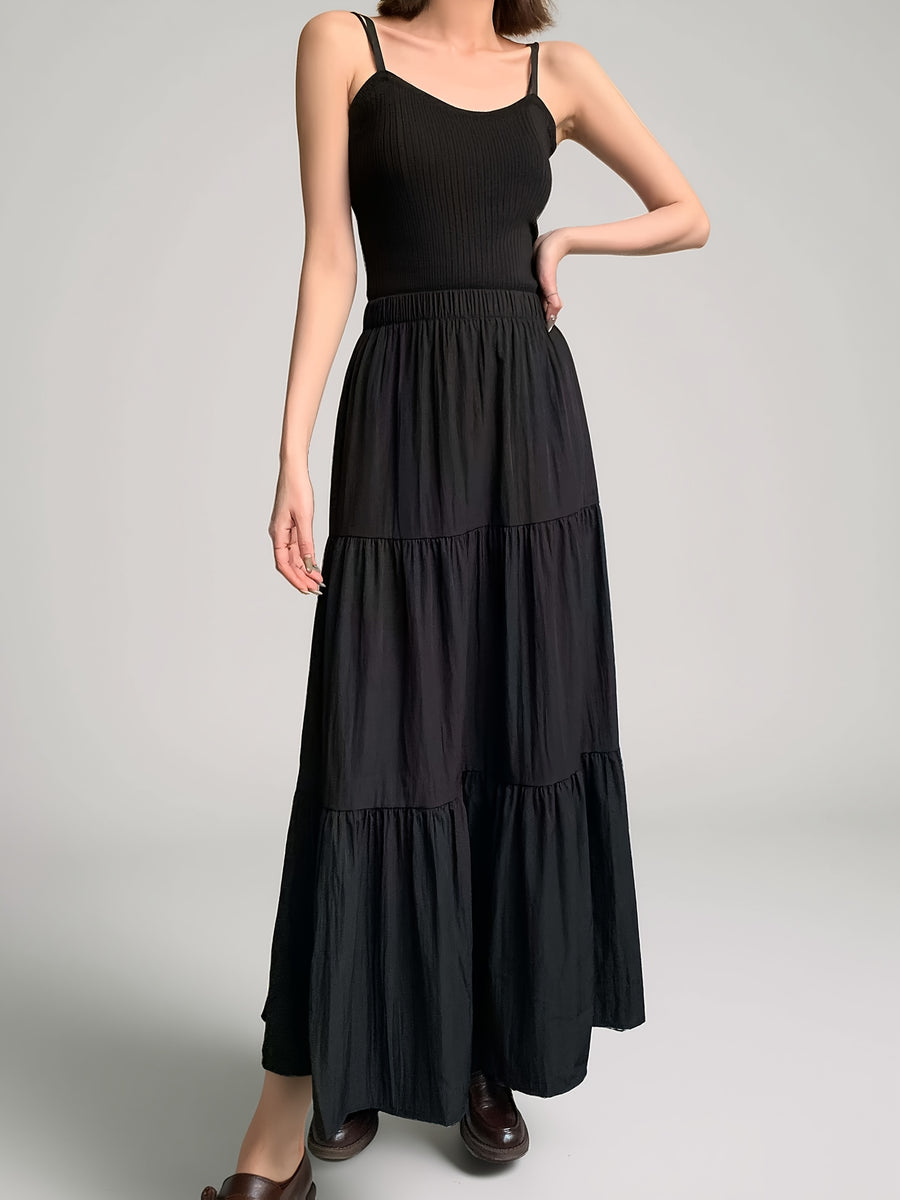 High-Waisted Skirt Elegant Casual A-Line Layered Skirt Spring And Summer Women'S Clothing Sweet Pink Long Pleated Cake Skirt - Black
