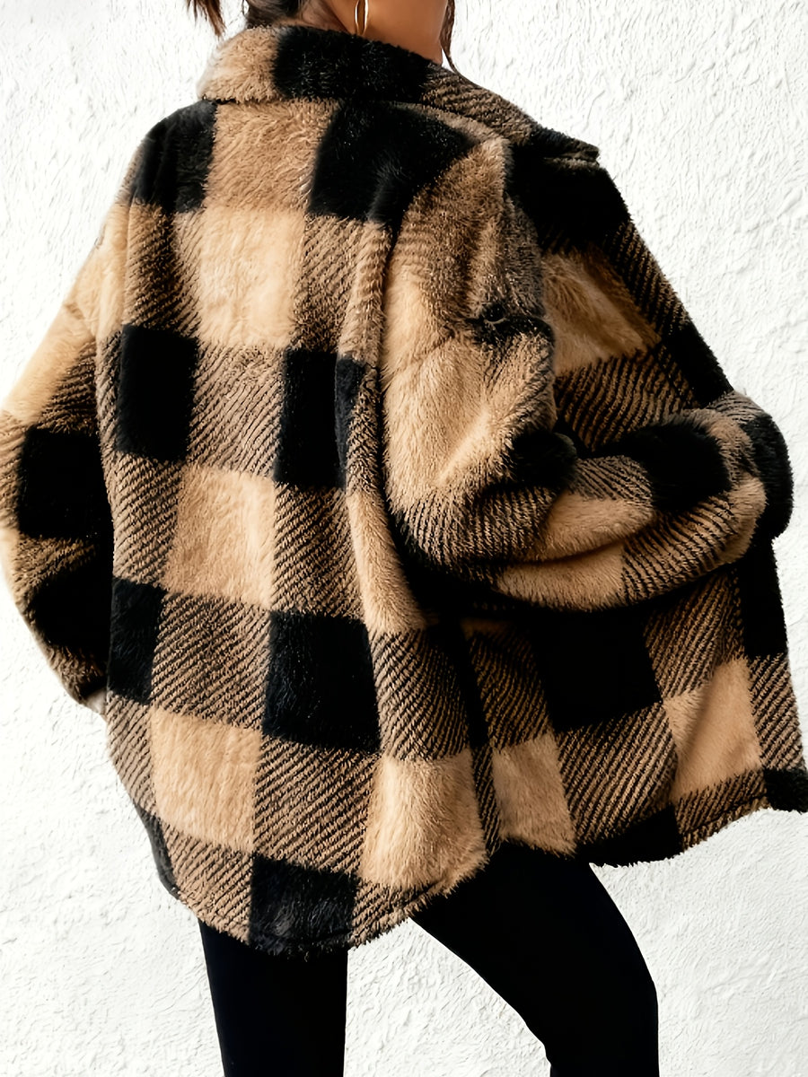 Women'S Black And White Plaid Casual Fashion Warm Long-Sleeved Plush Jacket, Elegant Women'S Coat, Autumn And Winter - Black apricot
