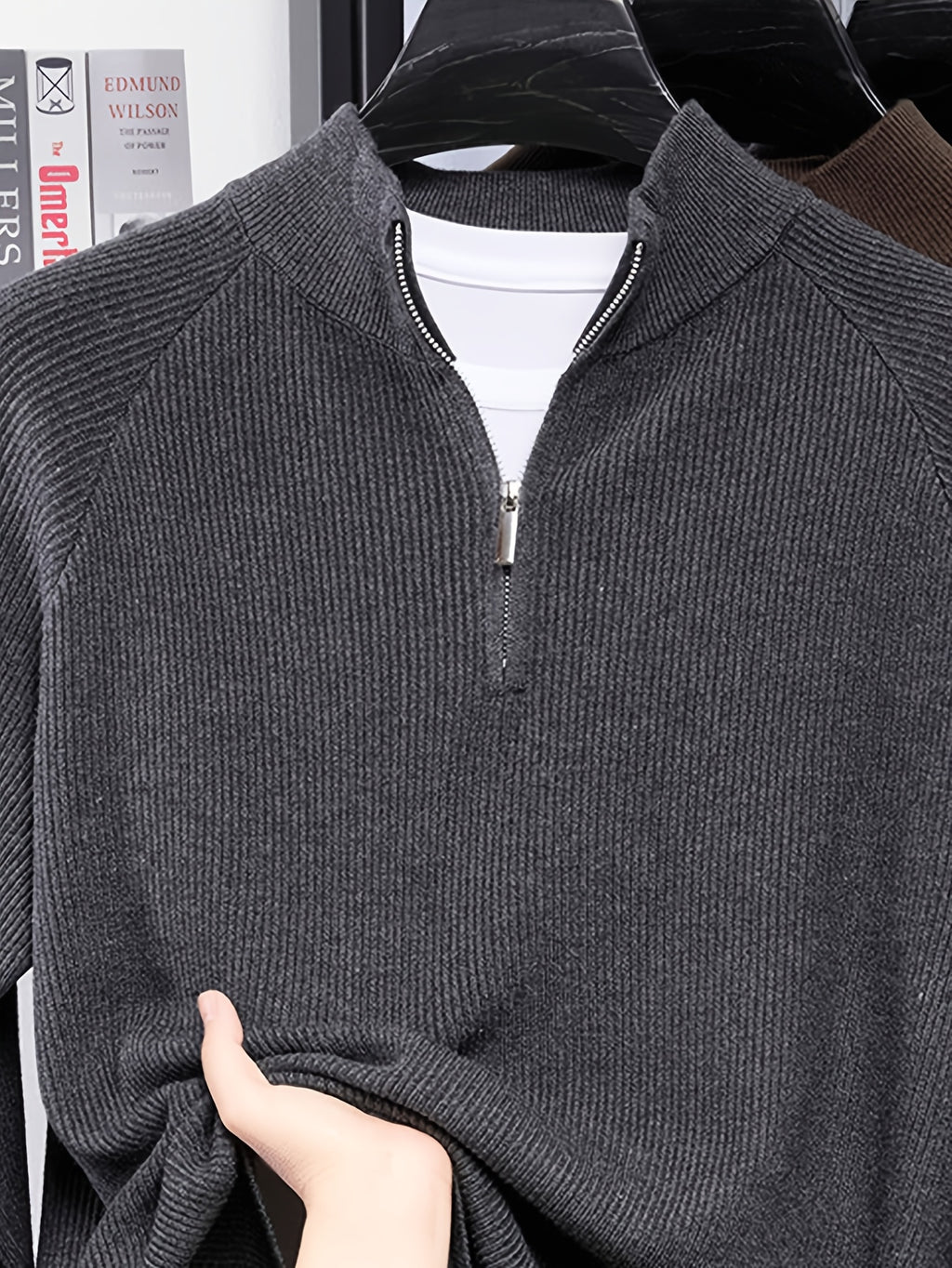 SINBOS Men's Half-Zip Stand Collar Sweater - Low-Saturation Earth Tones, Soft Ribbed Knit Zippered Cardigan, Stand Collar & Half-Zip Front Suitable for Business Casual & Minimalist Winter Wear, Autumn Winter Layering Piece - Dark Gray