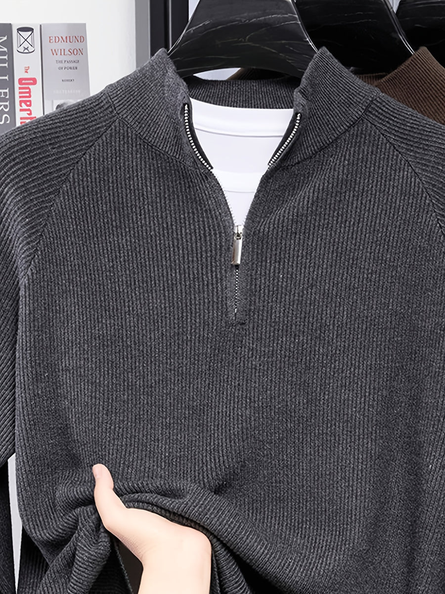 SINBOS Men's Half-Zip Stand Collar Sweater - Low-Saturation Earth Tones, Soft Ribbed Knit Zippered Cardigan, Stand Collar & Half-Zip Front Suitable for Business Casual & Minimalist Winter Wear, Autumn Winter Layering Piece - Dark Gray