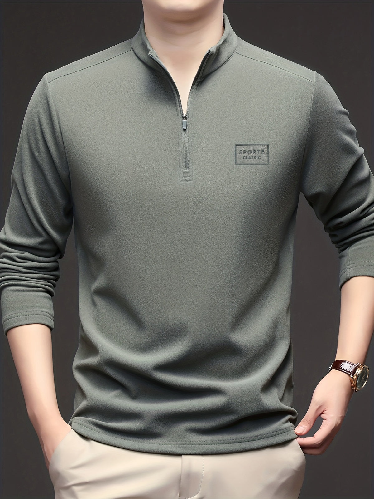 Men'S 1/4 Zip Long Sleeve Sweatshirt, Spring/Autumn Business Casual Golf Top, Half-Zip Collar High Neck Long Sleeve T-Shirt, Soft Comfortable Casual Sportswear, Outdoor Spring/Autumn Warm Clothing, Logo on Chest, Mature Men'S Apparel - Bean Green