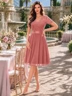 Women's Elegant Lace V-Neck Short Sleeve Chiffon A-Line Wedding Party Short Dress - Cinnamon