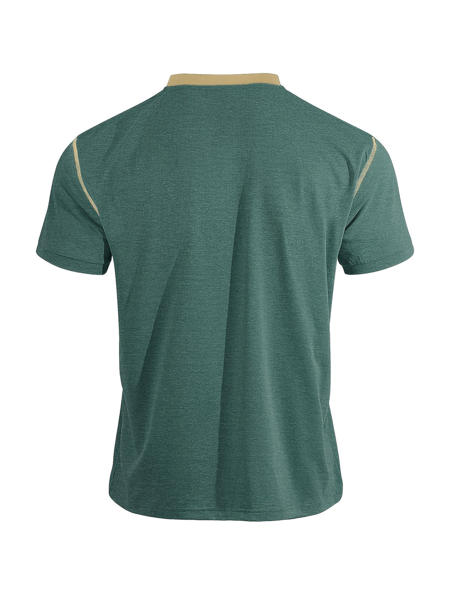 Men'S Spring Summer New Light Luxury Color-Block Henley Collar Short Sleeve T-Shirt, Half-Button 3-Button American Retro Top, High-Stretch Soft And Skin-Friendly Fabric, Breathable And Comfortable - Green
