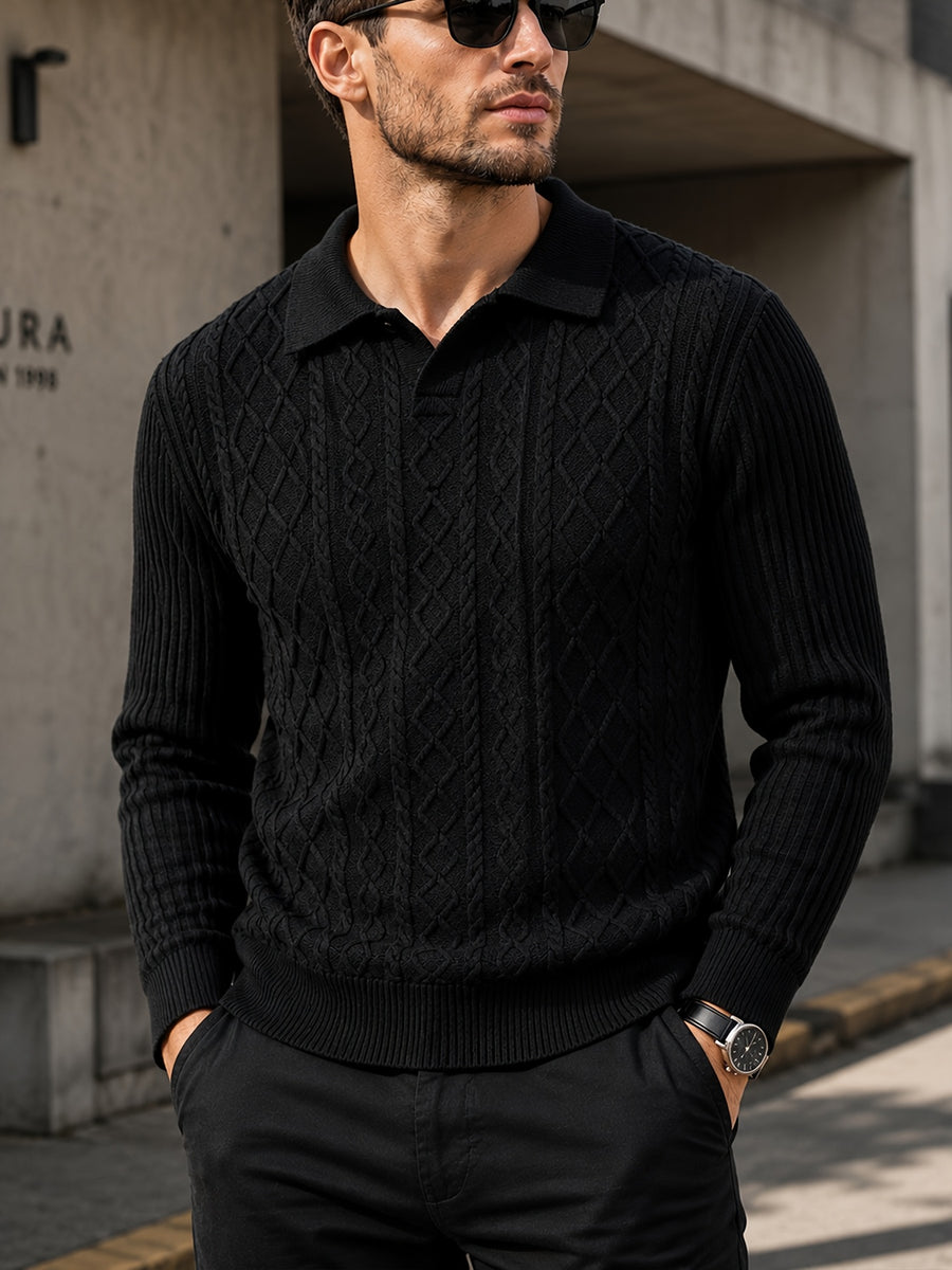 Men's Autumn/Winter Lapel Sweater Vintage Long-Sleeve Pullover Base Layer - Black