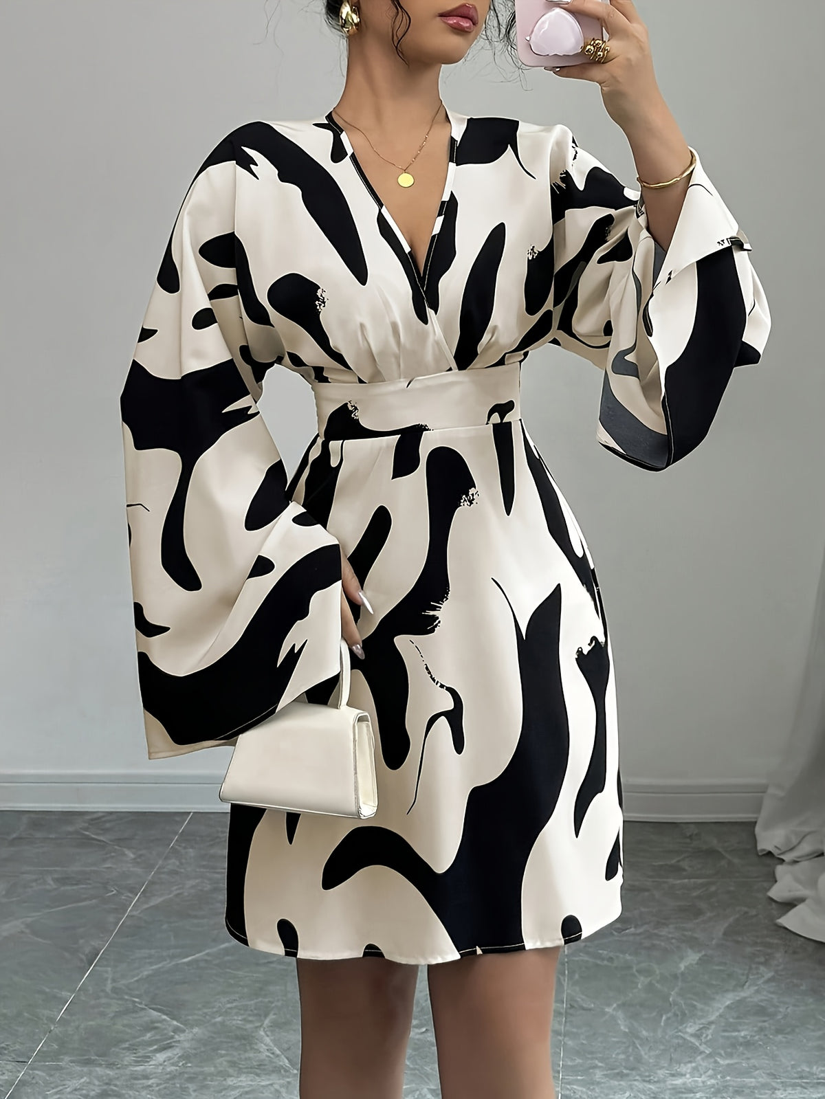 New Fashion Women'S Cow Pattern V-Neck Dress T077 - Mixed colors