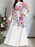 Elegant Long Sleeve Dress for Women, Middle Eastern Style Maxi Dress, Long Sleeve, Belted, Fabric, Machine Washable - Multicolor
