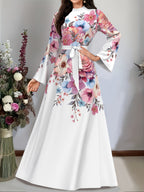 Elegant Long Sleeve Dress for Women, Middle Eastern Style Maxi Dress, Long Sleeve, Belted, Fabric, Machine Washable - Multicolor