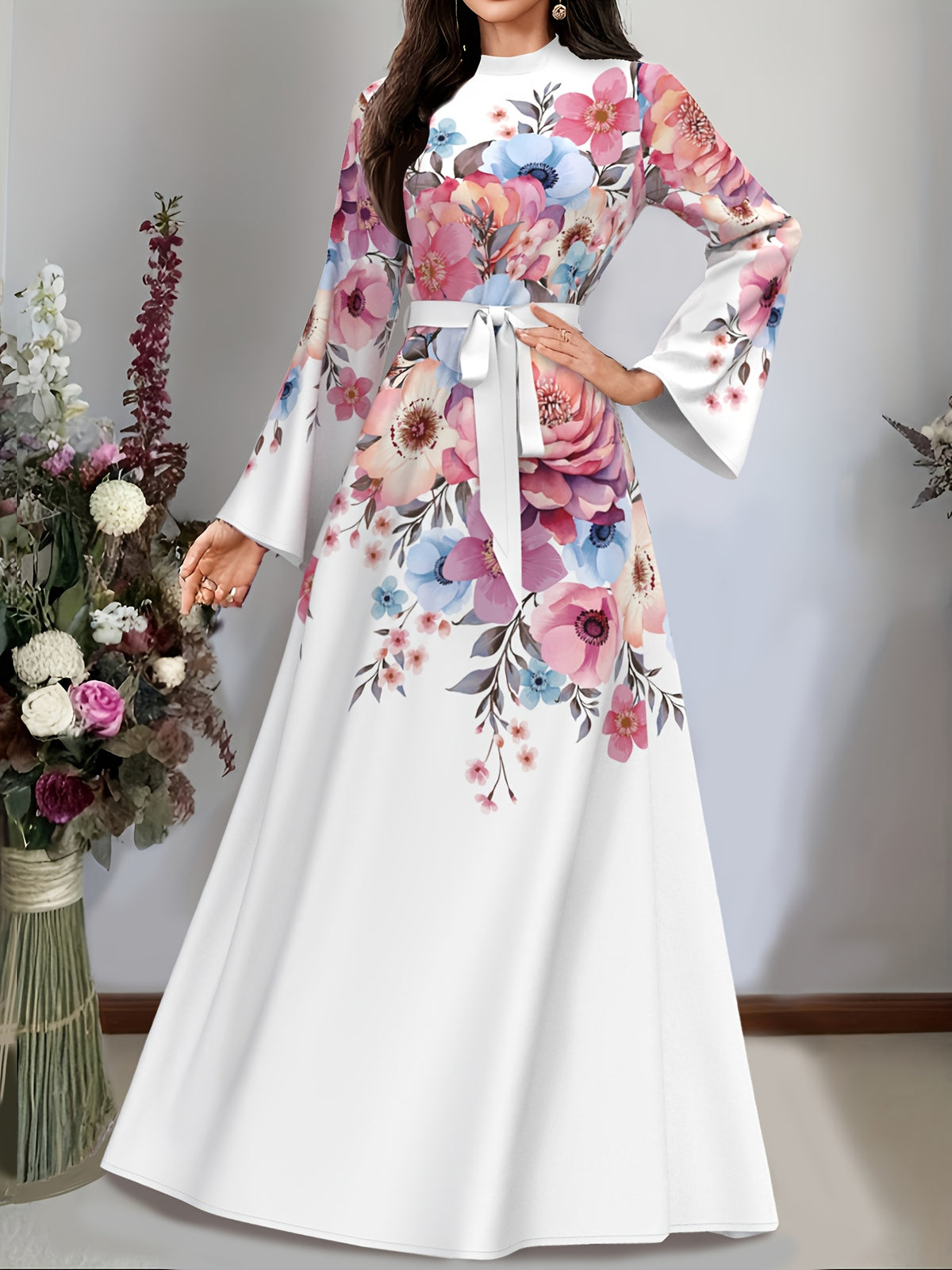 Elegant Long Sleeve Dress for Women, Middle Eastern Style Maxi Dress, Long Sleeve, Belted, Fabric, Machine Washable - Multicolor