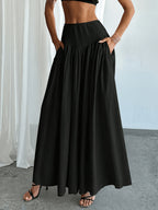 Women's Waist-Cinching Pleated Flared Skirt with Solid Pockets, Comfortable, Versatile, and Elegant, Suitable for Casual Daily Wear and Stylish Commuting, All-Season - Black