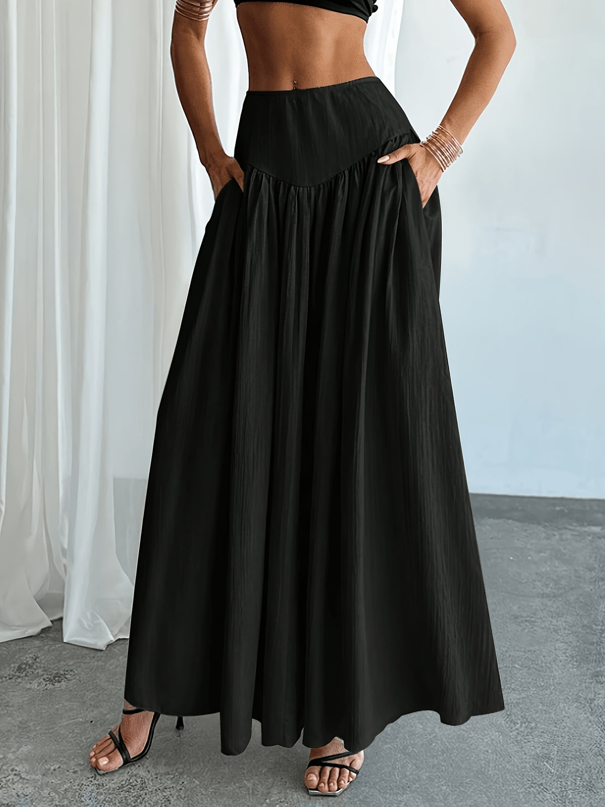 Women's Waist-Cinching Pleated Flared Skirt with Solid Pockets, Comfortable, Versatile, and Elegant, Suitable for Casual Daily Wear and Stylish Commuting, All-Season - Black