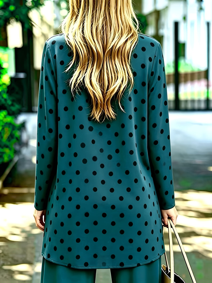 Plus Size, Plus-size Women's Casual 3pcs Set: A Casual and Comfortable Solid-color Vest, a Polka-dot Print Long-sleeve Cardigan, and Loose-fitting Casual Trousers, Stylish Leisurewear - Peacock Blue