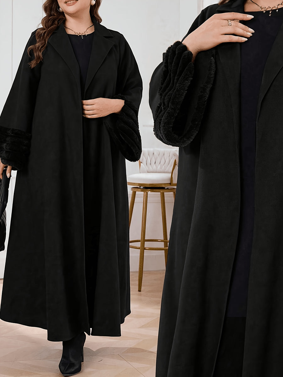 Plus Size Plush Patchwork Loose Women'S Robe, Elegant Open Front Gown, Suitable for Casual Wear - Black