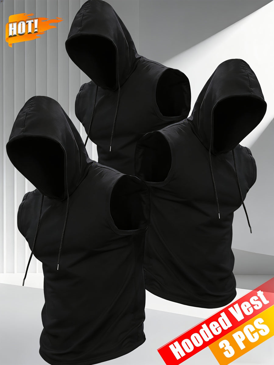 3pcs Men's Hooded Tank Tops, New Summer Style, Skin-Friendly and Breathable Fabric, Sleeveless Loose Fit for a Slimming Look, Versatile for Daily Fitness, Sports, and Streetwear, Essential for Men's Refreshing Summer Outfits - Black+Black+Black