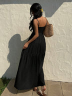 Textured Fabric, Ruched Elastic Waist, Sleeveless Dress, Loose-fitting Effect, Vacation Style - Black