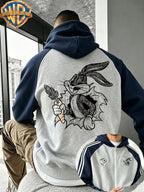 Warner Autumn Winter New Men'S Hooded Jacket Top, Street Trendy Casual All-Match Color-Block Patchwork Top, Classic Cartoon Rabbit Holding Carrot Graffiti Pattern, High Street Trendy Fashion Loose Couple Fashion Sweatshirt - Light Twist Gray