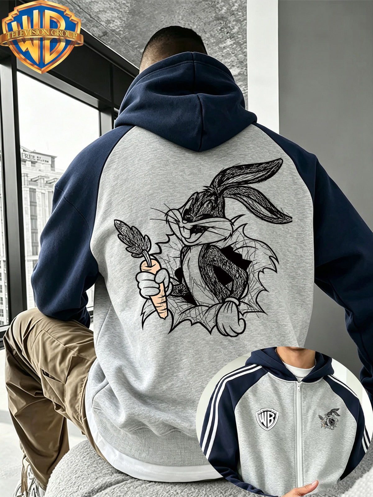Warner Autumn Winter New Men'S Hooded Jacket Top, Street Trendy Casual All-Match Color-Block Patchwork Top, Classic Cartoon Rabbit Holding Carrot Graffiti Pattern, High Street Trendy Fashion Loose Couple Fashion Sweatshirt - Light Twist Gray