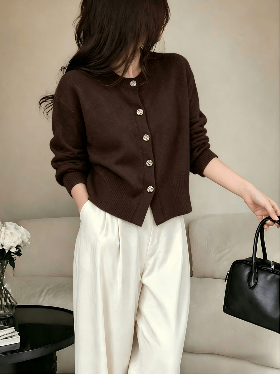 Cozy Women's Cardigan with Floral Button Accents, Soft Stylish Cardigan for Casual Daily Wear - Coffee Color