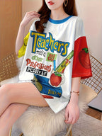 Women's Plus Size Cartoon Graphic T-Shirt - "Teachers Make a Big Impact" Design, Relaxed Fit Longline Top with Medium Stretch Fabric, Machine Washable Casual Tee for Spring Summer Fall, Casual Wear | Educational Motif | Nontransparent Material, Cute T - White