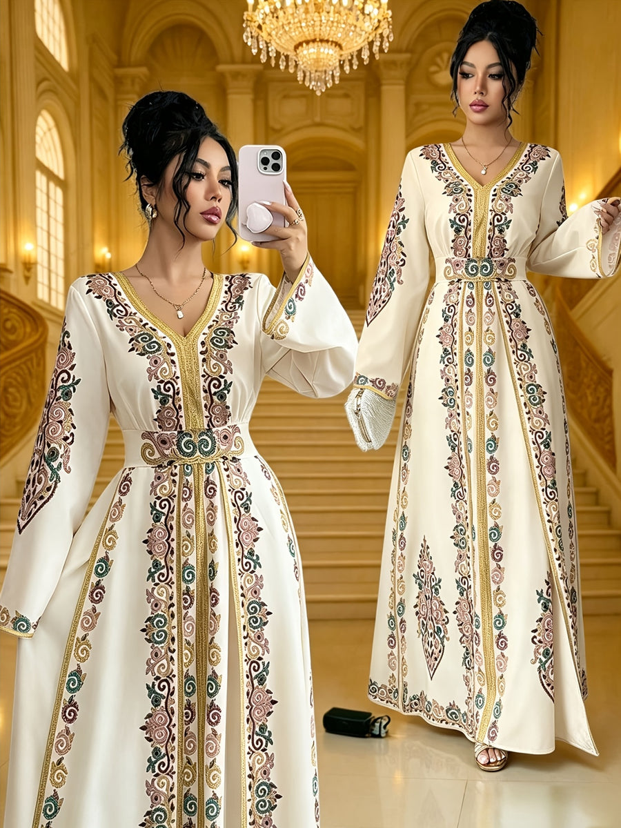 Women'S Summer Autumn Bride, Retro Elegant Dignified Wedding Non- Bohemian Middle Eastern, Printed Design, V-Neck Long Sleeve Batwing Sleeve Loose Flowing Long Wrap Dress, Golden Contrast Design Court Style Dress Suitable for Vacation, Party - Off-white